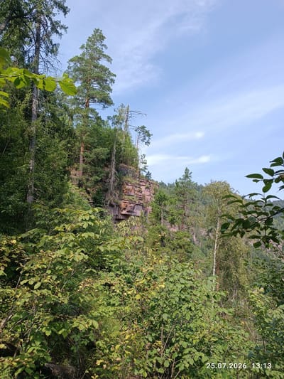 The image shows a view of a rocky cliff face covered in dense green foliage, with tall trees dotting the landscape. The sky is a clear blue with a few wispy clouds. The foreground is dominated by lush green bushes and leaves. In the bottom right corner, a timestamp reads "25.07.2026 13:13". The scene appears to be a natural landscape, likely a forest or park. The location is identified as Brishtamak, Russia.