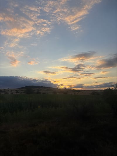 The image depicts a natural landscape at sunset, likely in the vicinity of Blatnitsa, Bulgaria, given the context provided. The sky is a prominent feature, filled with a gradient of colors ranging from pale blue at the top to soft oranges and yellows near the horizon, indicating the setting sun. Scattered clouds, tinged with pink and orange, drift across the sky.
In the midground, rolling hills are visible, covered in vegetation. Some areas appear to be fields, with hints of crops or harvested hay bales. A dark, silhouetted hill rises prominently on the left side of the image. The foreground is dominated by a dark, dense field of vegetation, with some scattered sunflowers visible as bright yellow dots. The overall impression is one of a tranquil rural scene bathed in the warm light of dusk. No people or specific man-made structures are clearly discernible in the image.