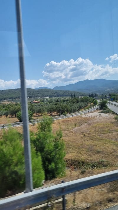 The image captures a scenic view from a vehicle in the vicinity of Sidirokastro, Greece. The foreground is dominated by a blurred metal guardrail and the blurry green foliage of trees. Beyond the guardrail, dry, golden grass covers the ground, interspersed with patches of green vegetation. A paved road curves through the landscape, bordered by a metal guardrail and occasional light poles. In the middle ground, rows of olive trees with their distinctive silvery-green leaves are visible, leading towards a cluster of buildings with red-tiled roofs nestled among the trees. The background is a lush, green forested hillside that rises to meet a range of distant blue mountains under a clear blue sky dotted with fluffy white clouds. The overall impression is one of a rural, Mediterranean landscape on a sunny day.
