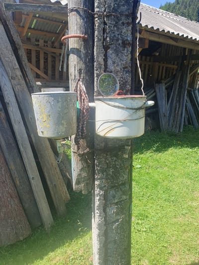 This media file shows an outdoor scene in what appears to be a rural or semi-rural setting, likely in Staishche, Ukraine. The image is oriented vertically. The foreground consists of weathered wooden planks and logs, some stacked. To the right of these, a patch of green grass with scattered small yellow flowers indicates an outdoor grassy area.

Dominating the center of the image are two large, cylindrical objects mounted on posts or poles. The upper object is a white, somewhat aged metal container, possibly a water tank or reservoir, with some rust and discoloration. It is partially wrapped with wire. A small, round mirror with a red handle is attached to the pole below this object, reflecting some greenery. Beneath the white container is a patterned fabric, perhaps a blanket or cloth.

The lower object is a similar metal container, painted a light grey color with significant chipping and patches of yellow showing through, suggesting it is also old and weathered. A green faucet or spigot is attached to the side of this container.

In the background, to the left, there is a structure with a corrugated roof, partially visible, and wooden supports. Beyond this, a dense area of trees can be seen against a bright blue sky, suggesting a sunny day. The overall impression is one of a rustic, possibly abandoned or disused area, with utilitarian objects that have seen better days. There is no visible text in the image. The lighting suggests it is daytime, likely midday, given the bright sunlight and shadows.