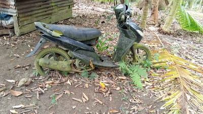 The image depicts an abandoned black scooter parked on a dirt path in what appears to be a rural or overgrown area. The scooter is heavily weathered and covered in dirt and moss. Vegetation, including ferns and palm fronds, grows around and on the scooter, suggesting it has been left in this location for an extended period. Fallen leaves litter the ground. In the background, a makeshift structure constructed from corrugated metal and wood is partially visible, along with trees and dense foliage characteristic of a tropical environment. The scene conveys a sense of neglect and the passage of time, with nature beginning to reclaim the man-made object. The location is identified as Meunasahuket, Indonesia.