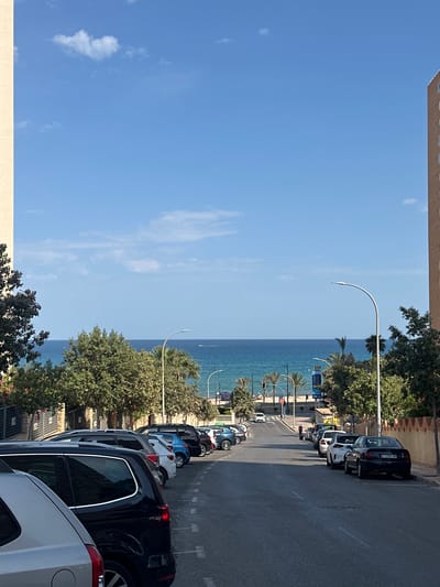This is an outdoor shot taken from a high vantage point on a street in El Campello, Spain. The blue ocean is in the background and it is a clear and sunny day. The street is lined with parked cars on the right. There are trees and streetlights along the street. In the background, there are buildings and palm trees. A few small boats can be seen in the water.