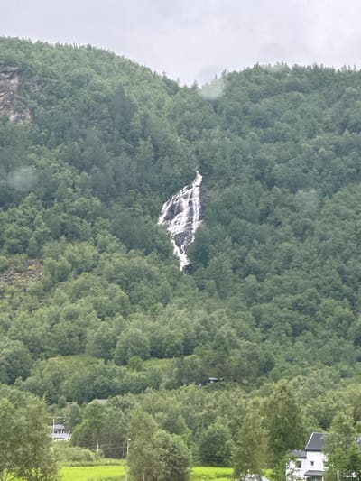 This is a vertical, medium-distance, eye-level shot of a forested mountain slope with a waterfall. The mountain is covered in dense, green deciduous trees, with a few patches of exposed rock. A narrow, white waterfall cascades down the dark rock face in the upper center of the image. In the foreground, there is a grassy field with a few scattered trees. In the lower right corner, there is a small, white house with a dark roof. The sky is overcast and gray. The image depicts a natural landscape likely in or around Bodø, Norway, characterized by its lush vegetation and mountainous terrain. There are no people visible in the image.