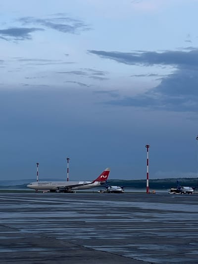 The image captures an airport tarmac scene at Емельяново (Emelyanovo) airport in Russia. The orientation of the image is vertical. The sky is overcast with diffused light, suggesting it is either early morning or late afternoon, with a prevalent gray-blue hue. The ground appears wet, possibly from recent rain, reflecting the ambient light and creating a textured, streaky appearance on the tarmac.
The primary subject is an airplane, partially visible on the right side of the frame, with its tail featuring a red and white emblem and some white text on its fuselage. The plane is stationary on the tarmac. In the background, several vehicles, possibly service vehicles or buses, are lined up.
Several striped poles, alternating red and white, are positioned along the tarmac, serving as markers or visual aids. These poles are a common feature in airport environments. The overall impression is one of quiet activity at an airport under a cloudy sky. No specific event or strong emotions are discernible; the scene conveys a sense of routine airport operations.
The visible text on the airplane's fuselage is somewhat obscured but appears to be white lettering against a darker background. The text on the tail is a red symbol with a white "N" or similar character.