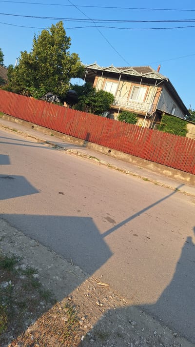 In Sărata-Galbenă, Moldova, a street view captures a single-story house with a distinctive roofline, characterized by decorative metal trim and gabled sections. The house is partially obscured by a vibrant red wooden fence. Mature trees, including a large, leafy specimen, grow behind the fence, contributing to the scene's natural elements. Power lines are visible against a clear blue sky. The asphalt road in the foreground exhibits shadows cast by an unseen object, suggesting it is daytime. The roadside verge is uneven, with sparse vegetation and scattered debris.