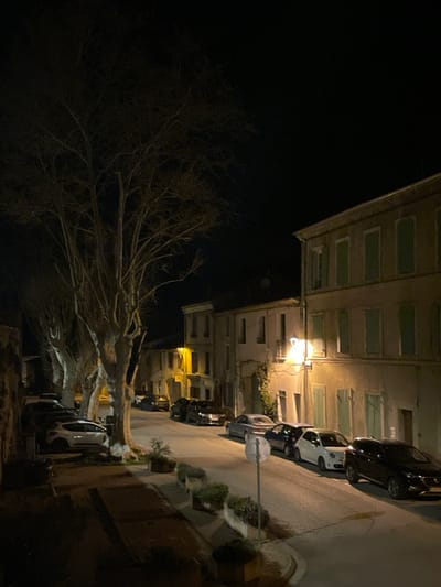 The scene depicts a nighttime view of a street in Cucuron, France. The environment is dark, illuminated by several streetlights and ambient light from buildings.
In the foreground, a dark, indeterminate surface occupies the bottom third of the image. Above this, a series of rectangular planters containing small green plants are arranged along what appears to be a raised sidewalk or verge on the left. A light-colored, circular street sign mounted on a pole is positioned on the right side of this elevated area, facing away from the camera.
The midground features a narrow, asphalt-paved street curving gently uphill and to the left. On the left side of the street, a row of large, mature deciduous trees with bare, gnarled trunks and branches rises into the dark sky. Several cars are parked beneath these trees, including a white hatchback nearest to the viewer, followed by darker vehicles.
On the right side of the street, a line of cars is parked kerbside. From foreground to background, these include a dark SUV, a white Fiat 500, a light blue sedan, and other darker sedans or hatchbacks.
The right side of the image is dominated by a multi-story building with light-colored, possibly stucco walls. This building features multiple rectangular windows fitted with closed, light blue-green wooden shutters. A prominent street lamp, mounted on the building's facade, emits a warm yellow light, illuminating the street and portions of the building. A climbing plant is visible on the lower section of this building's facade.
Further down the street, additional traditional European-style buildings with similar architectural characteristics are visible on both sides, some partially illuminated by distant streetlights. The sky above is uniformly dark and clear. No individuals are present or engaged in any activity within the frame.