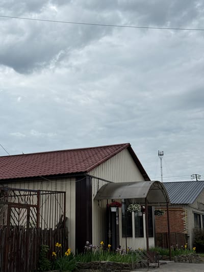 This media file, taken in Lyman, Ukraine, captures the exterior of a residential property under an overcast sky.

In the foreground and midground, a house dominates the right side of the frame. It features a gabled roof covered with red, patterned tiles. The walls are clad in light-colored, possibly cream or off-white, horizontal siding. A prominent architectural feature is a curved, dark metal canopy extending over an entrance or porch area. From this canopy hang several baskets overflowing with white and red flowers, adding a touch of vibrancy. Multiple windows beneath the canopy are secured with dark-colored metal grates or bars.

To the immediate right of the house, a small garden bed is visible, bordered by a rough stone wall. This garden contains lush green foliage interspersed with bright yellow flowers, possibly daffodils, and purple flowers, likely irises, suggesting springtime or early summer.

In the lower right corner, a decorative, dark metal fence or gate with intricate patterns is partially visible, behind which appears to be a section of a wooden fence.

In the background, behind the first house, another building can be seen with a corrugated metal roof and walls constructed from both yellowish and reddish bricks. Further back, against the gray sky, a tall, slender metal structure, possibly an antenna mast or utility pole, stands with wires extending from it. A thin black wire also traverses the upper left portion of the cloudy sky.

The sky is entirely overcast, filled with various shades of gray clouds, indicating a cloudy daytime setting. No direct sunlight or harsh shadows are present. No people or visible text are discernible in the image. The scene depicts a well-maintained residential environment.