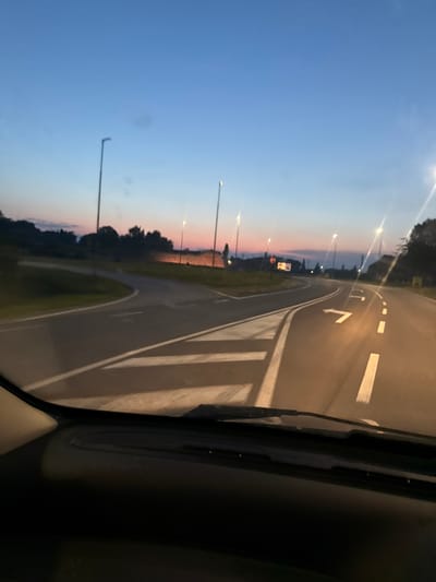 The image captures a roadside view at dusk, looking through a car's windshield. A winding asphalt road with clear white lane markings, including directional arrows, dominates the foreground and midground. Streetlights are illuminated along the sides of the road, casting a warm glow. The sky transitions from a deep blue overhead to hues of pink and orange near the horizon, indicating the end of daylight. Silhouetted trees and some distant structures are visible against the colorful sky. The scene appears to be on the outskirts of a town or city, suggested by the presence of streetlights and the open road. It is not possible to determine the exact location within Mezzana Sant'Antonio, Italy, based solely on the visual information provided.