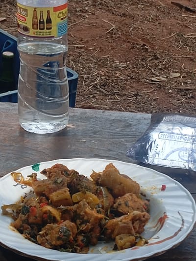 This image captures an outdoor meal setting in Egede, Nigeria. In the foreground, a white ceramic plate with a fluted rim holds a portion of a stew-like dish. The dish contains multiple irregular pieces of meat, possibly poultry or goat, mixed with green leafy vegetables, red pepper fragments, and yellow vegetable pieces, all coated in a rich reddish-brown sauce.

Behind the plate and slightly to the left, a clear plastic bottle, approximately three-quarters full of water, stands on a weathered light brown wooden surface. The bottle's label features the brand name "To See Palour," two phone numbers (07000781400 and 07012377892), and images of three different bottled beverages. A blue plastic container or crate is partially visible behind the water bottle on the left, revealing a green bottle cap within it. To the right of the plate, a silver-colored, sealed foil package, bearing the alphanumeric string "A1-10652EL," rests partially on the wooden surface.

The background consists of reddish-brown soil, sparsely covered with dry leaves, twigs, and scattered vegetation, indicating an outdoor or semi-rural environment. No individuals are visible in the scene.