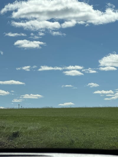A horizontal view displays a verdant field with grasses and other vegetation under a blue sky scattered with white clouds. The scene is partially obscured on the right by a dark, vertical element. In the distance, small, indistinct structures or markers stand on the field. The location in the city of Stary Chultem, Russia is unverifiable.