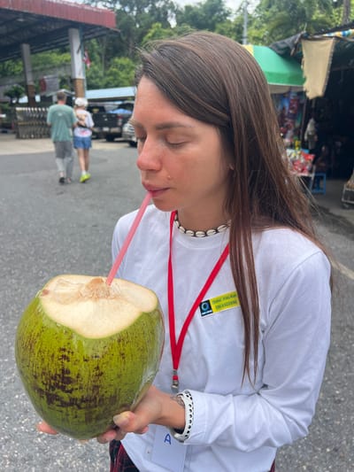 A person with long brown hair is drinking from a green coconut with a pink straw. They are wearing a white long-sleeved shirt with a red lanyard around their neck and a shell necklace. A yellow badge is attached to the shirt, reading "Samui Visa Run" and a phone number "096-6922896". The person's eyes are closed as they sip from the coconut. The background shows a market stall with some produce, trees, and a parked vehicle. The ground appears to be paved. In the background, other people can be seen walking around. The scene suggests a warm, outdoor setting, likely during the daytime, possibly in a tropical location given the coconut and market. The overall mood seems relaxed and pleasant.