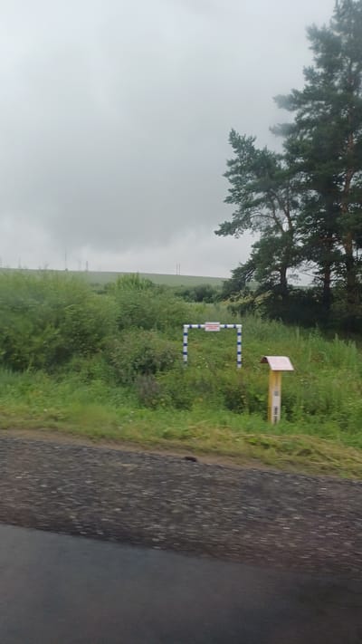The image is a medium-shot, horizontal, outdoor, daytime photograph taken from a moving vehicle. The foreground shows a dark, wet asphalt road. The middle ground is a densely vegetated area with various shades of green grasses and shrubs, some with small white flowers. In the middle ground, there are two structures: a horizontal white frame with blue stripes on the left, and a yellow pole with a pinkish-red roof on the right. The frame appears to have a sign attached to it. Behind the vegetation, there are rolling green hills, some with power lines and distant trees. The sky is overcast with heavy gray clouds. The image appears to be taken in Novyi Chul'tem, Russia, based on the provided context.