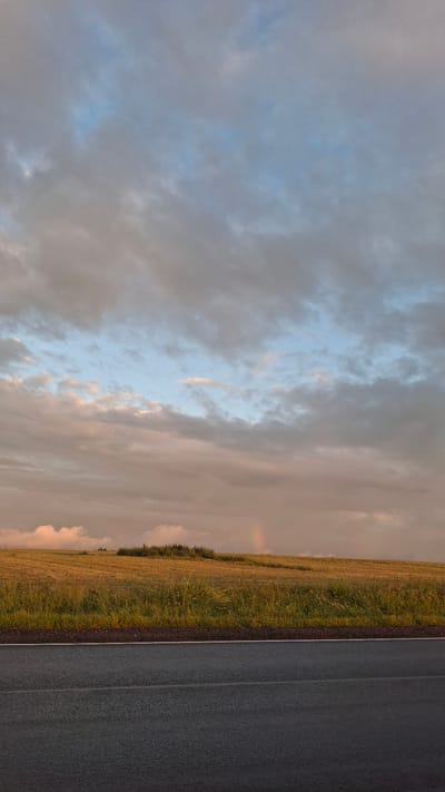 The image depicts a vast, overcast sky with a mix of gray, pink, and blue clouds. In the distance, a field of golden grass stretches across the horizon, with a small cluster of green trees or bushes in the center. A faint rainbow is visible in the upper right quadrant of the field. In the foreground, a dark asphalt road runs horizontally across the bottom of the frame, with a thin white line marking its edge. The scene is tranquil and appears to be located in an open, rural area, possibly the city of Kaporskoe, Russia, given the context. There are no people or animals visible in the image.