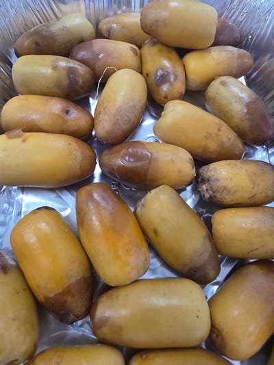A close-up, overhead shot displays a foil tray filled with ripe dates. The dates are a golden-yellow to light brown color, with some showing darker brown spots. They are oval-shaped and clustered together, some overlapping. The foil tray appears to be corrugated. The lighting is bright, casting subtle reflections on the dates and tray. The image is taken in the city of Dibba Province, Oman.