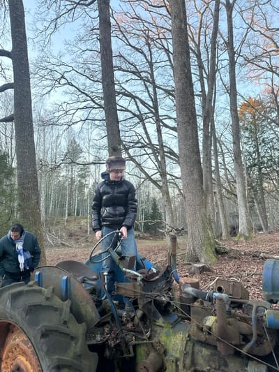 A derelict blue tractor is situated within a wooded area in Boda, Sweden. The environment features numerous bare deciduous trees, indicative of late autumn or winter, with the ground covered in brown fallen leaves. Two individuals are present: A person, wearing a black puffy jacket, blue jeans, and a brown fur trapper hat, stands on the corroded tractor, hands near the steering wheel, looking downwards. To their left, a second individual, dressed in a dark jacket and a blue and white patterned scarf, stands on the ground, observing the tractor. The tractor displays extensive rust, green moss, and exposed mechanical components, including a large, worn rear tire and an exposed engine block.