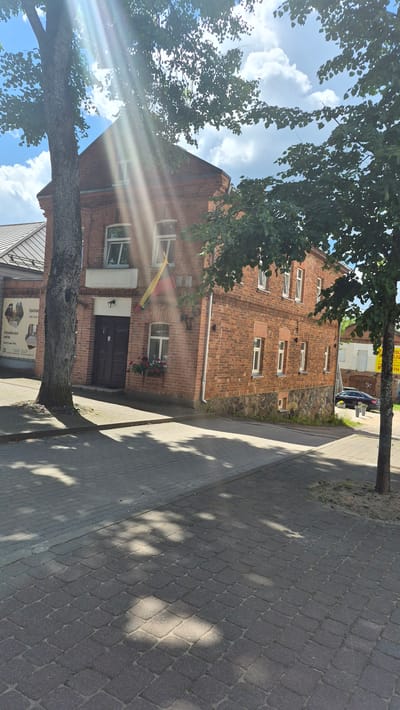 The image depicts a two-story brick building on a sunny day in Zarasai, Lithuania. The building has a stone foundation and multiple windows. A Lithuanian flag is displayed on the front of the building. A large tree is in the foreground, casting shadows on the paved sidewalk. In the background, a black car is parked near another building. The scene appears to be a street in a town.