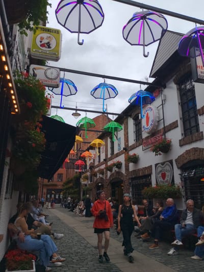 The image depicts a street scene, likely a pedestrian alley or courtyard, with numerous people engaged in various activities. Overhead, a series of decorative umbrellas are suspended, many of which are illuminated with colorful LED lights, including blue, green, purple, and pink. The architecture suggests a historic European setting, with brick buildings lining the sides of the alley. Several signs are visible, including a yellow sign for "WEE WILLIE BROWN" and a Guinness clock.
Several individuals are seated on a low wall or bench along the left side of the alley, some in conversation, others looking out. On the right side, a group of people are also seated, and some are standing. The ground is paved with cobblestones.
The scene appears to be a lively public space, possibly a street in the Cathedral Quarter of Belfast, Northern Ireland, known for its pubs, restaurants, and vibrant atmosphere. The presence of Guinness branding strongly suggests a connection to the famous Irish stout. The overall impression is one of a bustling, social outdoor area, decorated with artistic lighting.