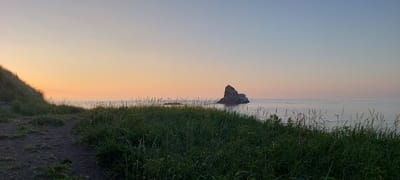 The image depicts a serene coastal landscape at dusk, likely in Aleksandrovsk-Sakhalinskiy, Russia. A rugged, dark rock formation juts out of the calm, grey sea in the middle ground. The foreground is dominated by tall, green grass and a dirt path on the left, suggesting a natural, undeveloped area. The sky displays a gradient of soft colors, transitioning from a pale orange near the horizon to a light blue at the top, indicative of the twilight hours. There are no people or animals visible in the frame. The overall impression is one of natural tranquility and expansive oceanic views.