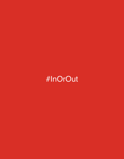 The image features a solid red background with the white text "#InOrOut" centered in the frame. There is no information about the location of Faliraki, Greece, or any people, subjects, objects, actions, interactions, or environment.