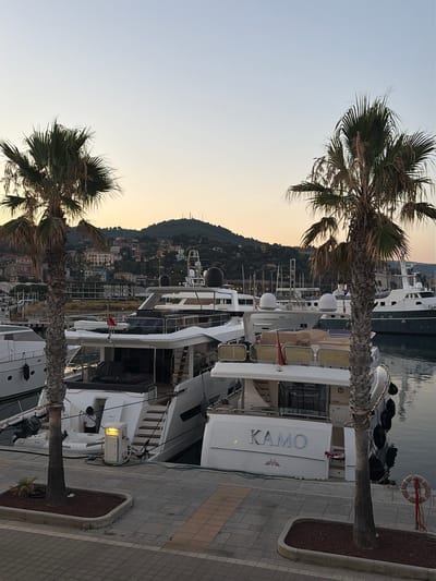 The image shows a marina in Imperia, Italy. Two palm trees frame the scene, their fronds reaching towards the sky. In the background, a hillside is covered with buildings and lush greenery, suggesting a Mediterranean setting. Several large yachts are docked, their white hulls gleaming. One yacht in the foreground has the name "KAMO" emblazoned on its side in large silver lettering. A small red flag flutters from a mast on one of the boats. The water in the marina is calm, reflecting the muted colors of the sky. There are also several black buoys floating near the docked boats. The paving stones on the walkway are in a herringbone pattern, with a border of gravel and plants. A life preserver ring hangs on a red rope near the edge of the dock. The light suggests it is either early morning or late evening, with a soft glow to the sky. The overall atmosphere is peaceful and serene, conveying a sense of quiet luxury.