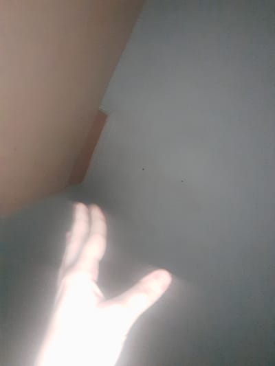The image displays a dimly lit indoor scene. In the foreground, a person's hand is visible, illuminated by a bright light source from the left, creating a lens flare effect. The hand is partially raised. The background consists of two walls meeting at a corner, with one wall appearing a light peach color and the other a muted gray. There are two small dark specks on the gray wall, possibly dust or imperfections. The lighting suggests the image was taken in a low-light environment. No specific location in Liubakhy, Ukraine, can be determined from the visual information provided.