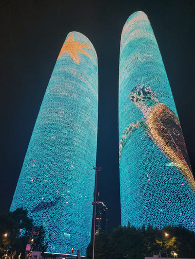 The image displays two illuminated, cylindrical buildings at night in Wuhou District, China. The buildings are covered in a patterned light display consisting of a mosaic of small, geometric shapes filled with blue light.
The upper building features an illuminated image of a sea turtle swimming in the blue light, with its shell and body rendered in warm, golden tones and darker blues. The lower building has an illuminated image of a star on its left side, rendered in a vibrant orange and yellow. Further along the lower building, a silhouette of a whale or dolphin can be discerned in darker blue against the lighter blue background.
The scene is set at night, with the dark sky providing a stark contrast to the bright lights of the buildings. Some trees and glimpses of urban infrastructure, including streetlights and what appear to be traffic signals, are visible on the right side of the frame, indicating an urban setting. The overall impression is one of a modern, artistic illumination of architecture, likely intended as a public spectacle or to enhance the cityscape. There is no visible text in the image.