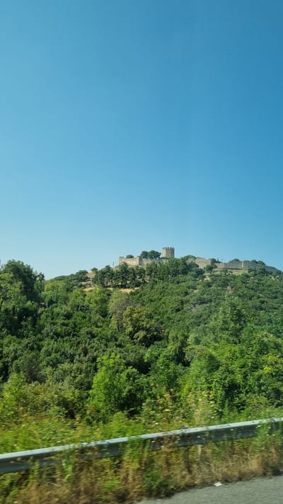 A wide-angle shot shows a castle on a hilltop overlooking a lush green landscape under a clear blue sky. The castle, constructed of stone, features crenellated walls and a prominent tower. It is surrounded by trees, with more dense foliage covering the slopes of the hill. In the foreground, a metal guardrail runs horizontally across the bottom of the frame, separating the road from the vegetation. The scene is likely located in or near Neos Panteleimonas, Greece, given its architectural style and the Mediterranean vegetation.