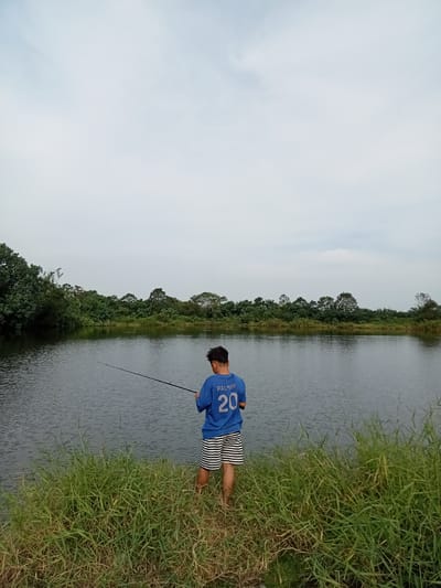 In Kualu, Indonesia, a young male stands facing a calm body of water, holding a fishing rod. He is wearing a blue t-shirt with the name "PALMER" and the number "20" on the back, and black and white striped shorts. He is positioned on the grassy bank of a lake, with lush green trees and vegetation forming a dense treeline in the background. The sky is overcast, with a soft, diffused light. The overall scene depicts a peaceful outdoor activity by the water.