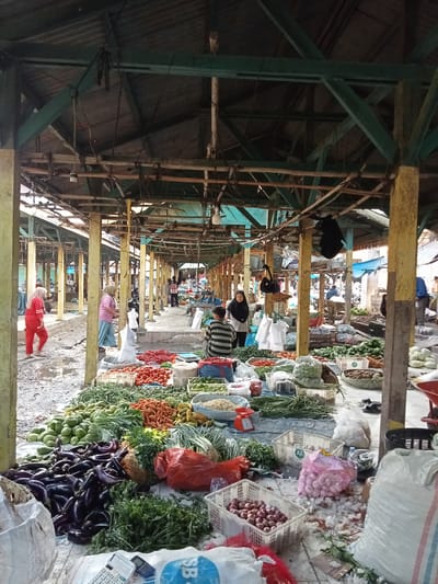 The image depicts a bustling outdoor market scene in Ujung Tanjung, Indonesia. Stalls are laden with a colorful assortment of fresh produce, including eggplants, tomatoes, carrots, green beans, and onions. Several individuals are visible, some browsing the merchandise and others tending to their stalls. The market is covered by a rustic wooden and corrugated metal roof, supported by weathered pillars, suggesting an open-air, traditional marketplace. The ground appears to be a mix of concrete and dirt, with some areas showing puddles, indicative of a recent rain or the general conditions of an active outdoor market. Various bags and baskets are used for displaying and carrying the produce, and a calculator and a mobile phone are visible on one of the stalls. The overall impression is one of a lively and authentic Indonesian market.
