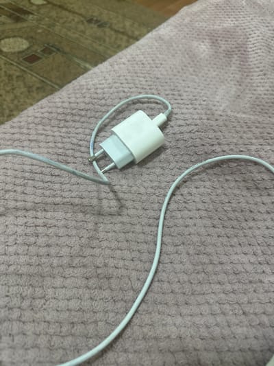 A white iPhone charger is laid out on a pink textured blanket. The charger has a white cable extending from it and is plugged into a white brick. The background is a blurry brown and beige patterned carpet. The scene appears to be indoors, likely in a bedroom or living room. There is no indication of location within the city of Corlăteni, Moldova.