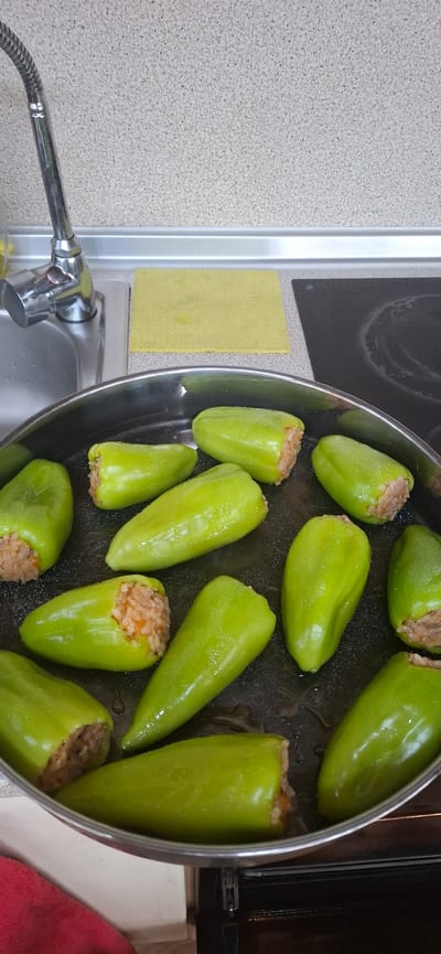 The image displays an overhead shot of a large, dark pan filled with green stuffed bell peppers, set within a kitchen. Approximately 12-15 light green, elongated bell peppers are visible in the pan, each clearly stuffed with a mixture that appears to be rice and possibly minced meat, presenting a reddish-brown color at their open ends. The peppers have a somewhat glossy, moist surface.

The pan rests on a light-colored, speckled kitchen countertop. To the left, a stainless steel sink and a modern chrome faucet with a flexible hose are visible. A rectangular, yellowish-green cleaning cloth or sponge is placed on the countertop next to a dark, glossy cooker hob, which shows faint circular markings. A vertical metallic trim borders a textured wall on the far left of the frame. On the right side, a piece of red cloth or towel is partially visible, next to what appears to be an oven door.

The scene depicts food preparation, specifically the cooking or readiness for cooking of stuffed peppers, a dish known as Palneni Chushki in Bulgarian cuisine, aligning with the provided location context of Dobrinishte, Bulgaria. No people are visible, and there are no discernible emotions or explicit indications of the time of day. Any text or symbols on the cooker hob are too faint to be legible.