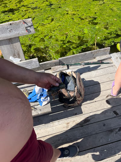 The image depicts a first-person perspective of a person holding a caught crawfish. The setting appears to be a wooden pier or dock adjacent to a body of water covered in green algae and duckweed. A fishing rod lies on the wooden planks next to a camouflage fishing backpack. A person's legs, one wearing a purple sandal and the other a blue athletic shoe with maroon shorts, are visible. Shadows cast on the pier indicate it is a sunny day. The scene suggests a recreational activity, likely fishing, taking place in an outdoor environment. The person's hand, holding the crawfish, is in focus in the foreground. The overall mood is casual and outdoorsy. There is some visible text on the backpack, but it is not clearly legible. The location context provided is Вяззеўскі сельскі Савет, Belarus.