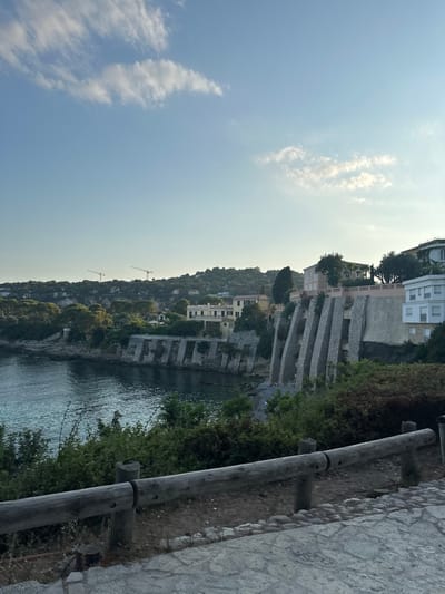 A coastal scene features a body of water, possibly a bay or inlet, surrounded by lush vegetation and buildings. The buildings appear to be terraced into the hillside, with stone walls supporting each level. Two cranes are visible on the far side of the cove. A wooden railing runs along a stone walkway in the foreground, adding a sense of human presence. The sky is partly cloudy, with shades of blue dominating the upper portion of the image.