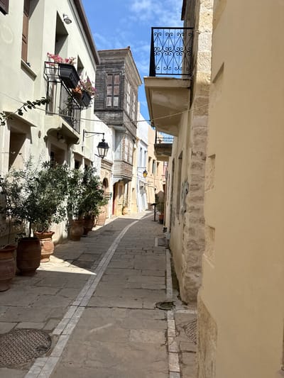 The image depicts a narrow street scene in Rethymno, Greece. The street, paved with light-colored stone, is bordered by buildings on both sides. The buildings are predominantly light in color with some wooden architectural details. A variety of plants and flowers in pots line the street at the base of the buildings. On the left, there is a building with an iron balcony holding flower boxes. Further down the street, there's a weathered wooden structure with windows. Overhead, the buildings nearly meet, creating a partial tunnel effect. The sky is visible in the upper left, revealing a clear blue sky with some clouds. The light suggests it's daytime. The overall scene conveys a sense of historic architecture and a lived-in urban environment.