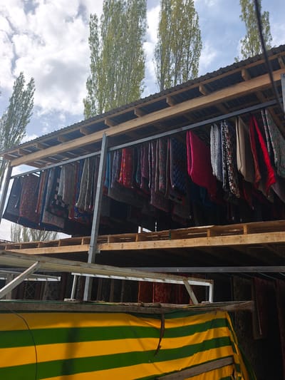 Captured in the city of Semenovka, Kyrgyzstan, the image showcases an open-air market stall displaying rugs and textiles. The stall is constructed with a two-tiered wooden and metal framework, covered by a corrugated metal roof. Numerous rugs and carpets of various colors and patterns hang from the upper tier. Below, a green and yellow striped tarp covers part of the lower tier. Tall, thin trees with pale green foliage are visible in the background, extending beyond the roofline. The sky is overcast with scattered clouds.