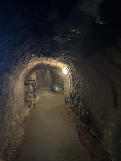 The image displays a section of the Znojmo Underground in Znojmo, Czechia. The scene is an arched, subterranean tunnel, appearing to be excavated from earth or soft rock. The tunnel walls and ceiling feature a rough, irregular texture in dark grey and brown tones. A relatively smooth, compacted dirt pathway forms the center of the floor, with rougher soil and debris along its edges. Illumination is provided by a single, elongated light bulb mounted on the right wall, with associated electrical cabling running alongside it. Further into the distance, additional arched passages and faint light sources are discernible, leading into deeper sections of the underground network. On the left side of the foreground, a dark metal structure composed of horizontal and vertical bars is present, resembling a two-tiered railing or support frame. No individuals, actions, or interactions are present in the scene.