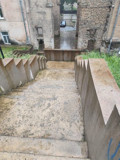 The image depicts an outdoor concrete staircase descending between two dilapidated buildings in Ivangorod, Russia. The staircase features prominent, serrated concrete railings on either side. The stairs themselves are worn and stained, with visible patches of moisture. Overgrown green grass and weeds sprout around the base of the structures. In the background, through an archway between the buildings, a dark-colored car is visible on a wet, paved surface. The architecture suggests an old, possibly abandoned or neglected urban environment.