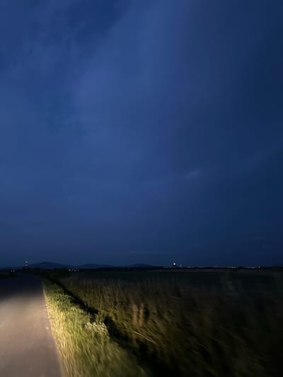 The image depicts a nighttime scene of a rural landscape, possibly near Milikowice, Poland. In the foreground, a paved road curves to the left, illuminated by headlights from an unseen vehicle. The right side of the road is bordered by tall, dry grass and vegetation, also lit by the headlights, creating a blurred, motion-streaked effect. In the mid-ground, a line of trees and fields stretches across the horizon. In the distance, the faint lights of a town or city are visible, with a prominent, illuminated tower or antenna-like structure to the left of the distant lights, possibly marking a settlement or landmark. The sky is a deep, dark blue with minimal cloud cover, suggesting twilight or early night. The overall atmosphere is one of quiet travel through a rural setting at night.