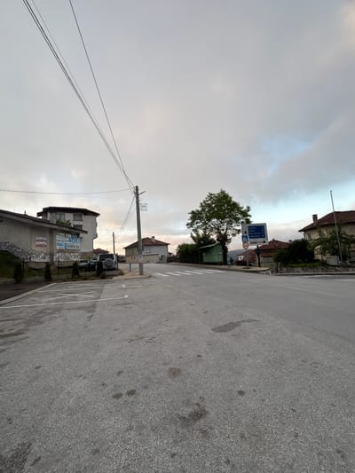 The image shows a street scene in the city of Dospat, Bulgaria. In the foreground, there is an asphalt road with white parking lines. To the left of the road, there is a parking lot with several marked spaces. Beyond the parking lot, there is a building with a stone-covered lower level and lighter-colored upper floors, displaying advertising banners. Further to the left, more buildings are visible.

In the middle ground, there is a paved road that curves to the right. A single tall utility pole with cables stretches across the upper part of the image. Several vehicles are parked on the side of the road, including a white SUV. A pedestrian crossing is marked on the road. To the right of the road, a large tree stands beside a small green structure. Behind the tree, a blue road sign displays destinations and distances. Adjacent to the tree and road sign, several residential buildings with tiled roofs are visible. The sky is overcast with clouds.