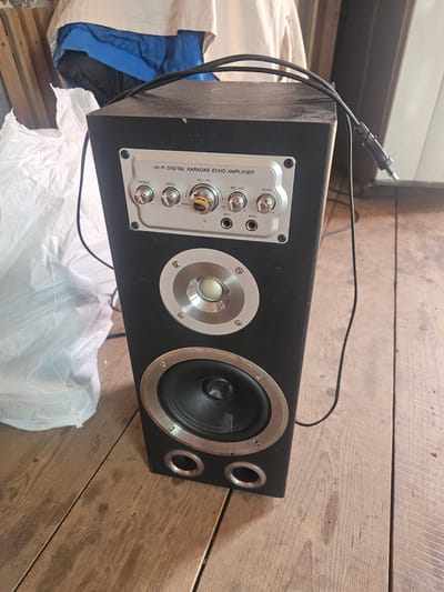 A black karaoke echo amplifier speaker stands on a wooden floor. The speaker has a silver control panel with knobs for treble, bass, volume, microphone volume, and echo. Two microphone input jacks, labeled MIC1 and MIC2, are also visible. A silver tweeter is located above a larger woofer. A white plastic bag is to the left of the speaker. In the background, wooden beams and clothing are visible. The location is Georgievka, Russia.