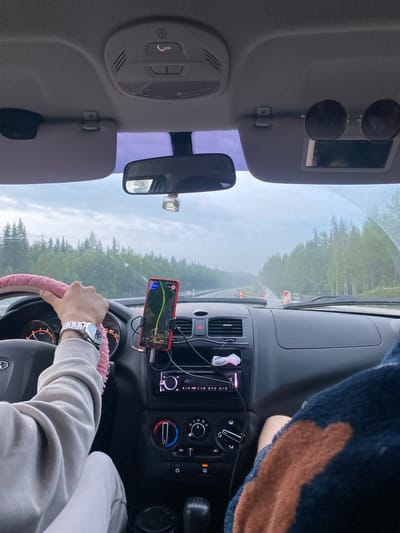 The image shows the interior of a car driving on a road, likely in or near Khomutovka, Russia, given the presence of birch trees and dense pine forests lining the highway. The view is from the passenger seat looking towards the driver's side and the road ahead. The driver's left hand, wearing a watch and a light-colored sweater, is on the steering wheel, which is covered with a pink fuzzy material. A smartphone mounted on the dashboard displays a navigation app with a route visible. In the background, the road appears to be undergoing construction with orange traffic cones. The sky is overcast, suggesting a cloudy day. The car's dashboard features a car radio, air conditioning controls, and other electronic devices. Sunglasses are clipped to the driver's side visor.
