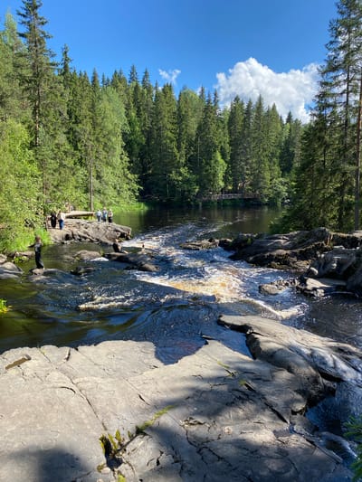 The image depicts a view of the Ruskeala Mountain Park in Ruskeala, Russia. In the foreground, large, grey, weathered rocks line the edge of a dark, fast-flowing river with whitewater rapids. The river leads into a wider, calmer body of water in the middle ground. On the left bank of the river, several people are standing on rocks and a wooden platform, observing the water. One person, in dark clothing, is standing on a rock in the middle of the river. On the right bank, the river is surrounded by a dense forest of tall green pine trees. In the background, a wooden footbridge with an intricate lattice design spans the river, connecting the two forested banks. The sky above is bright blue with scattered white clouds, indicating a sunny day.