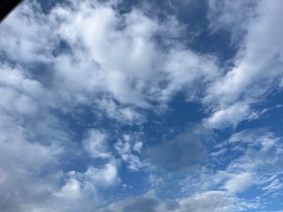 A dynamic sky with scattered cumulus and cirrus clouds against a vibrant blue background. The clouds range in density, with some appearing wispy and translucent, while others are more opaque and voluminous, casting subtle shadows. The overall impression is one of a bright, airy day. The image appears to be taken from an upward angle, suggesting the perspective of someone on the ground looking towards the sky. No specific geographical features or urban elements are visible to indicate a location within Dimitrovka, Russia. There are no people, subjects, objects, or actions discernible in the image.