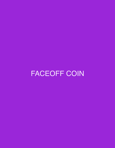 The image displays a solid purple background. Centered horizontally and vertically on this background is white text that reads "FACEOFF COIN" in uppercase sans-serif letters. There are no other subjects, objects, people, actions, or environmental details present. The image does not depict a physical scene or provide any information about a specific location in Vellmar, Germany, or any other geographical area.