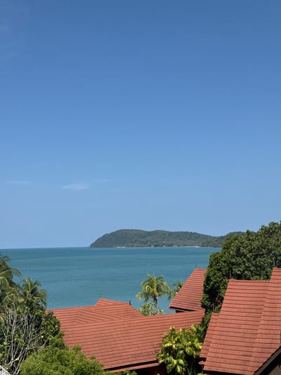 An overhead view captures a bright, clear blue sky dominating the upper two-thirds of the image. A faint, wispy white cloud is discernible near the center-left sky. Below the sky, the calm, teal-blue Andaman Sea stretches across the mid-ground. A prominent, heavily forested island or landmass with rolling hills is visible in the middle distance, situated across the sea. The lower third of the image is occupied by the terracotta-colored, ridged tile rooftops of multiple structures, interspersed with dense green tropical foliage, including several palm trees. No individuals, discernible actions, or interactions are visible. The scene is consistent with a coastal overlook in the vicinity of Cenang Beach, Malaysia, offering a view towards a nearby island.