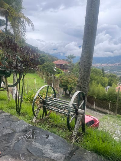 The image captures a vibrant outdoor scene, rotated 90 degrees clockwise from its intended orientation. When viewed correctly, it presents a scenic landscape from what appears to be a garden or hillside property, overlooking a valley and mountains.

In the immediate foreground, on the right side, a large, dark grey, irregularly shaped stone or rock slab is visible, featuring several puddles of water that reflect the cloudy sky. To the left of this stone, a rustic decorative structure made from two large, spoked wagon wheels, painted a worn white or light green, rests on a patch of green grass. This structure appears to be a bench or an ornamental cart, with several horizontal slats connecting the wheels. Further to the left and slightly behind, another similar, smaller wagon wheel structure is partially visible, obscured by foliage.

A prominent, tall tree trunk, possibly a palm tree with a textured bark, stands vertically on the left side of the frame, extending from the bottom to the top. Lush green grass and various plants, including some with reddish-brown leaves, dot the foreground. Behind the main wagon wheel structure and grass, a small, red dome tent is partially visible, nestled near a fence. The fence, appearing to be made of wire mesh or barbed wire, stretches across the midground, separating the foreground from a lower grassy area. A paved or cobblestone path is also discernible near the fence and the tent.

In the midground, beyond the fence and path, there is an expansive area of green grass, possibly a lawn or a field. Further back, nestled on a hillside among dense green trees and foliage, stands a building with a distinctive reddish-brown tiled roof, likely a house or cabin. More palm trees and a variety of other trees contribute to the lush, green landscape.

The background reveals a breathtaking vista of rolling hills and mountains, completely covered in verdant vegetation, stretching into the distance. In the far valley, a town or city can be seen, characterized by numerous buildings and an organized layout, indicating human habitation. The sky above is partly cloudy, with large white and grey clouds dominating, though patches of brighter sky are visible. The overall lighting suggests a bright daytime scene, possibly mid-morning or afternoon, with soft, diffused light due to the cloud cover. No specific activity is taking place, and no text is visible in the image.