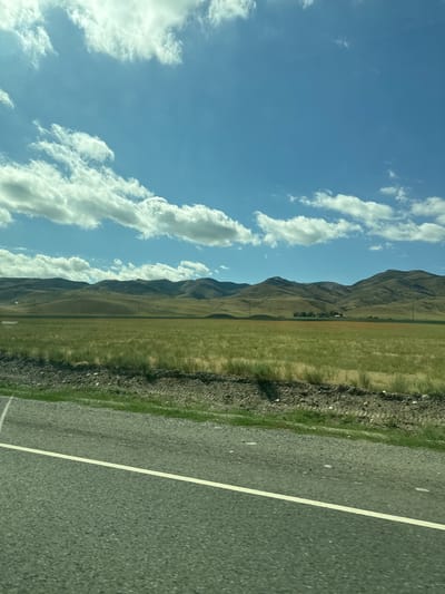 The image depicts a wide-angle view of a rural landscape under a partly cloudy sky. In the foreground, a paved road with a white line is visible, with a strip of gravelly ground and dry grass bordering it. Beyond this, a vast field of golden and green grass stretches towards a range of rolling, brown mountains in the distance. There are a few scattered buildings and what appear to be utility poles in the mid-ground, suggesting some human presence and infrastructure within the expansive natural setting. The sky is a vibrant blue, punctuated by fluffy white clouds, casting shadows and highlighting the contours of the landscape. The overall impression is one of open space and natural beauty, characteristic of a rural area such as the outskirts of Zhansugurov, Kazakhstan.