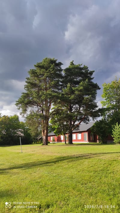 The image depicts a red, single-story building with a dark roof and numerous white-framed windows. It is set on a grassy lawn surrounded by trees. Two large pine trees stand prominently in the foreground, with their branches extending upwards. The sky above is partially cloudy, with dark storm clouds dominating the upper left portion of the frame. The lower right corner of the image displays a timestamp: "2026/7/8 18:54", and text indicating the phone model "REDMI NOTE 9 PRO AI QUAD CAMERA". The scene appears to be a rural or suburban setting, likely a residential area, given the presence of the house and the well-maintained lawn. The location is specified as Iisalmi, Finland.