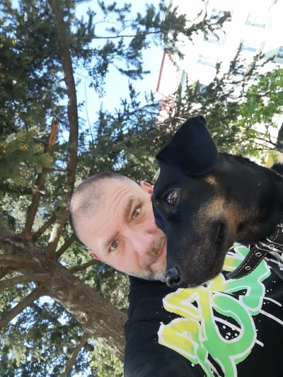 A selfie taken outdoors in Pardubice, Czechia, features a middle-aged man and a black dog. The man, with a shaved head and light beard stubble, has an eyebrow piercing above his right eye. He is wearing a black t-shirt with a design incorporating the colors yellow and green. The dog, positioned close to the man, wears a black leather collar with metal studs and a chain. The background includes trees with green foliage, a patch of blue sky, and a building partially visible in the upper right corner. The perspective is tilted upwards.