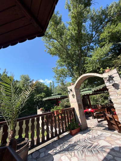 The image captures an unoccupied outdoor restaurant or seating area in the city of Zlati Voyvoda, Bulgaria, under a clear blue sky with minimal white clouds. The scene is dominated by lush green deciduous trees in the background and upper frame. In the foreground on the left, a potted palm tree with spiky fronds is visible, alongside a dark brown wooden railing. A dark wooden roof overhang is present at the upper left. A rustic stone archway, constructed from irregularly shaped light-colored stones, stands prominently on the right, featuring wall-mounted lanterns and terracotta pots with plants. Beyond the archway, several outdoor dining tables with red tablecloths and wooden benches are visible, shaded by green, scalloped awnings. The ground is paved with irregular stone slabs, displaying distinct shadows from the railings and palm fronds. A body of water, appearing as a flowing river or stream, is visible through the wooden railing on the left. No individuals are present in the scene.